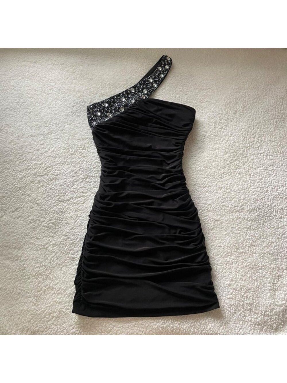 Pink Violet one shoulder black mini dress with beaded embellishments